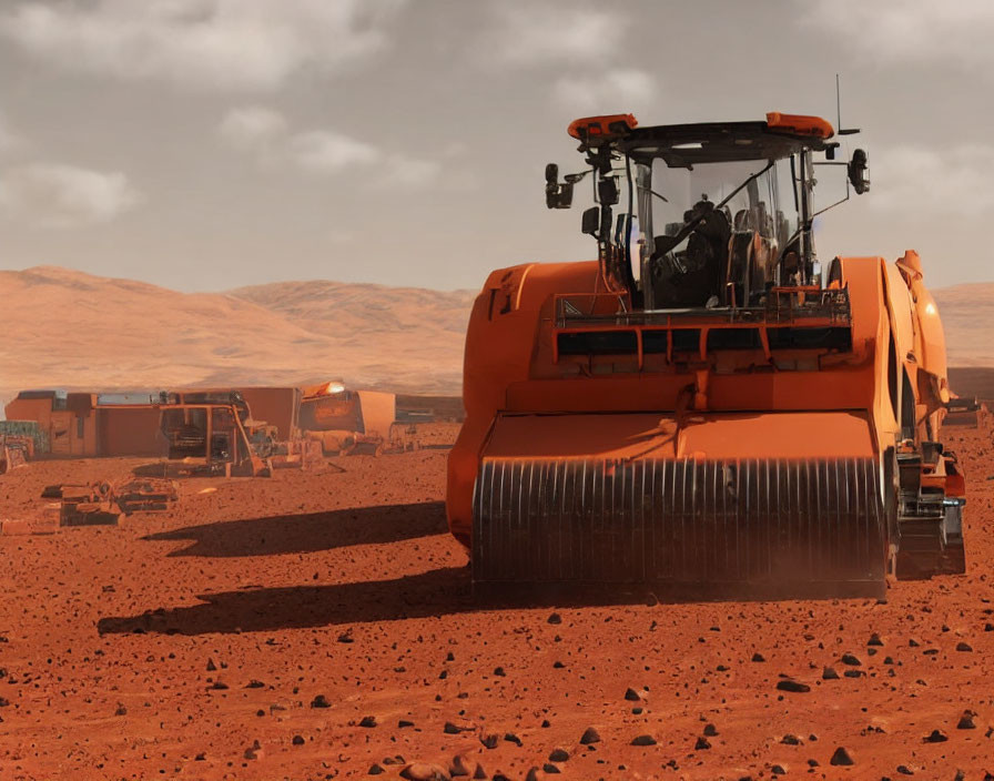 Orange Heavy-Duty Vehicle with Drum Roller on Mars-Like Landscape