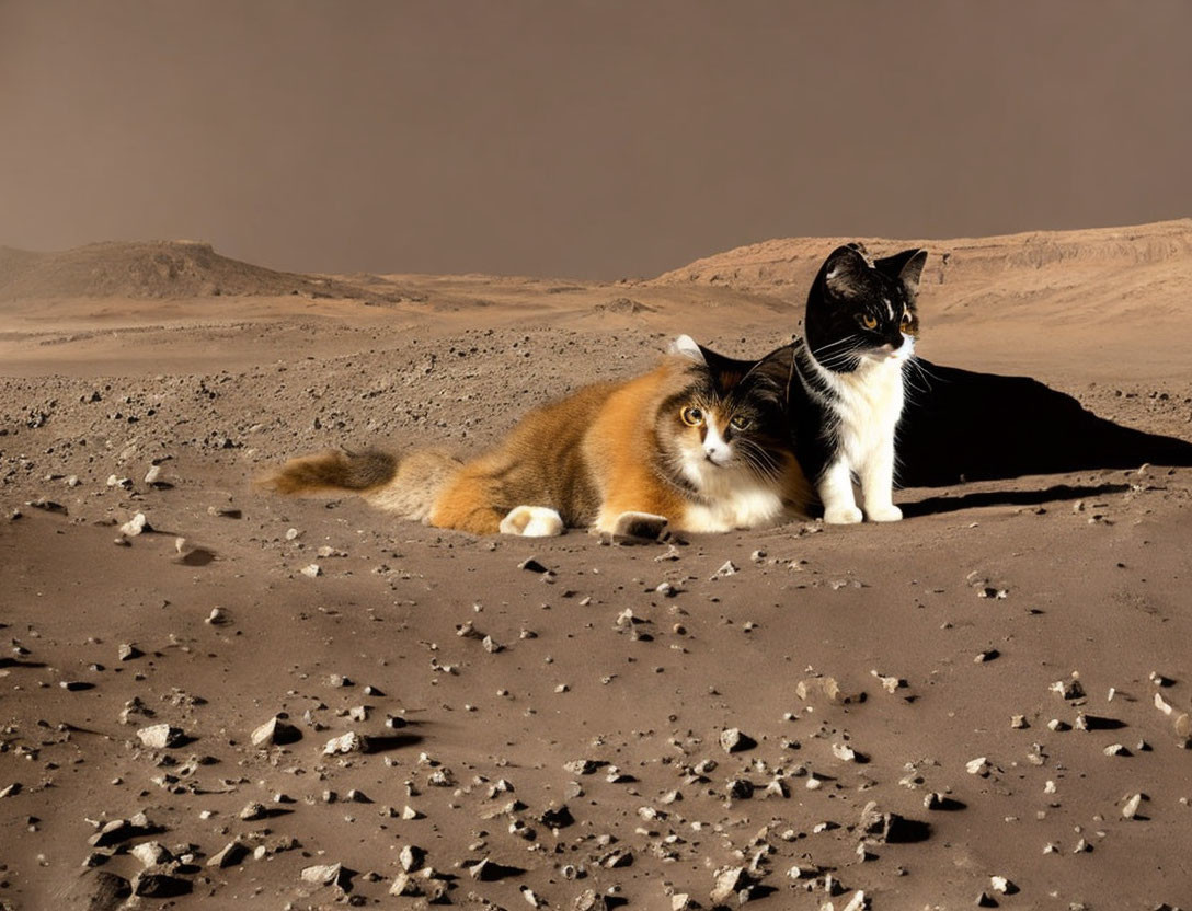 Two Cats Resting on Rocky Martian Terrain