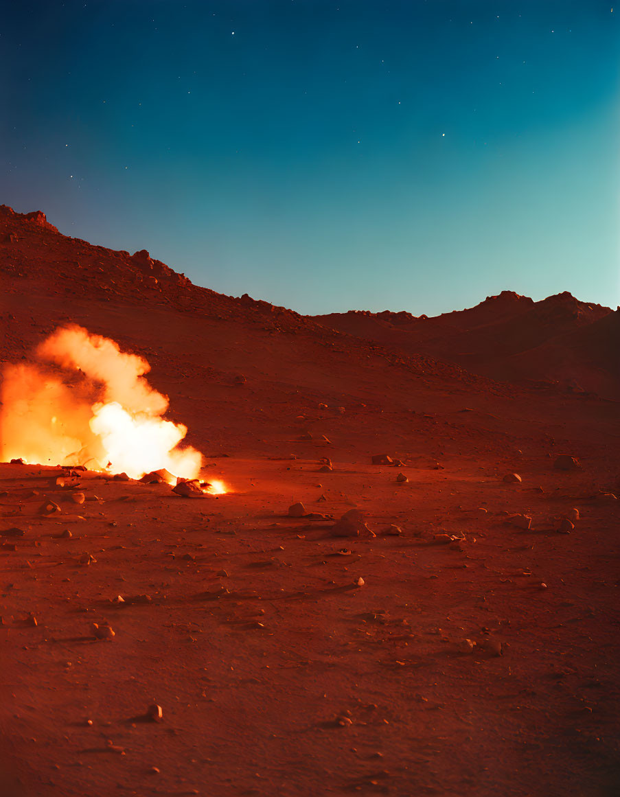 Fiery explosion on barren rocky landscape at twilight