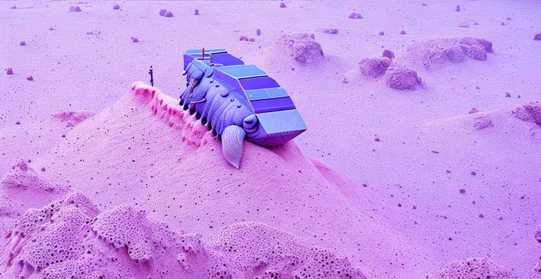 Whimsical purple spacecraft on alien landscape with figure