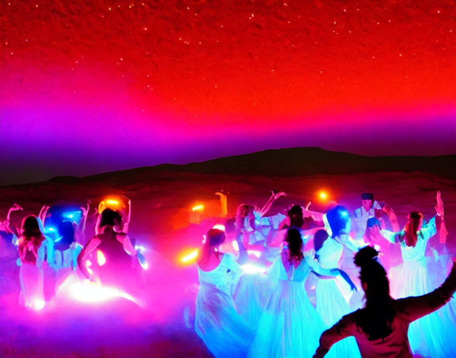 Colorful outdoor party with neon lights, dancing people, starry sky, and desert backdrop