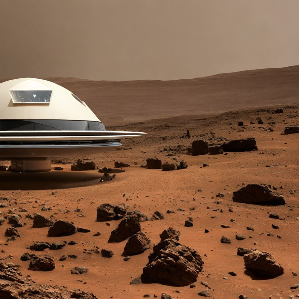 Futuristic dome-shaped structure on rocky Mars surface