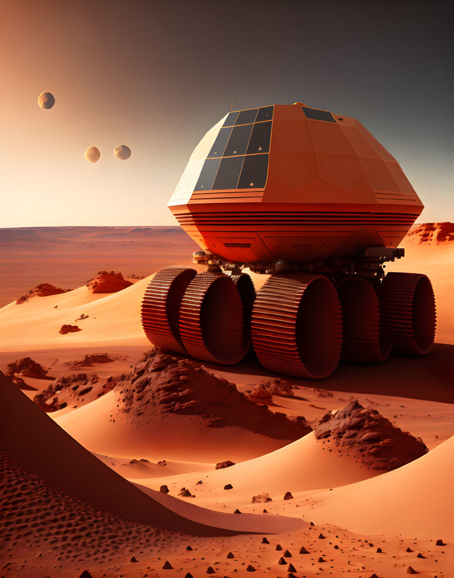 Large-wheeled rover exploring red desert with multiple moons.