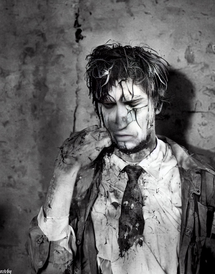 Disheveled person with messy hair and dirty clothes against a wall