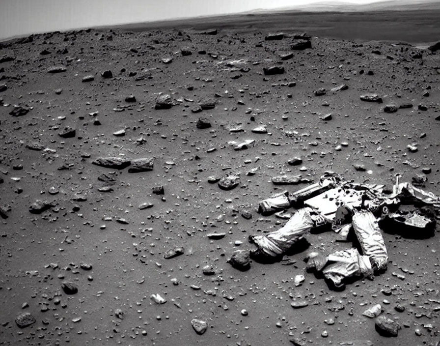 Grayscale image of Martian terrain with rocks and spacecraft debris.