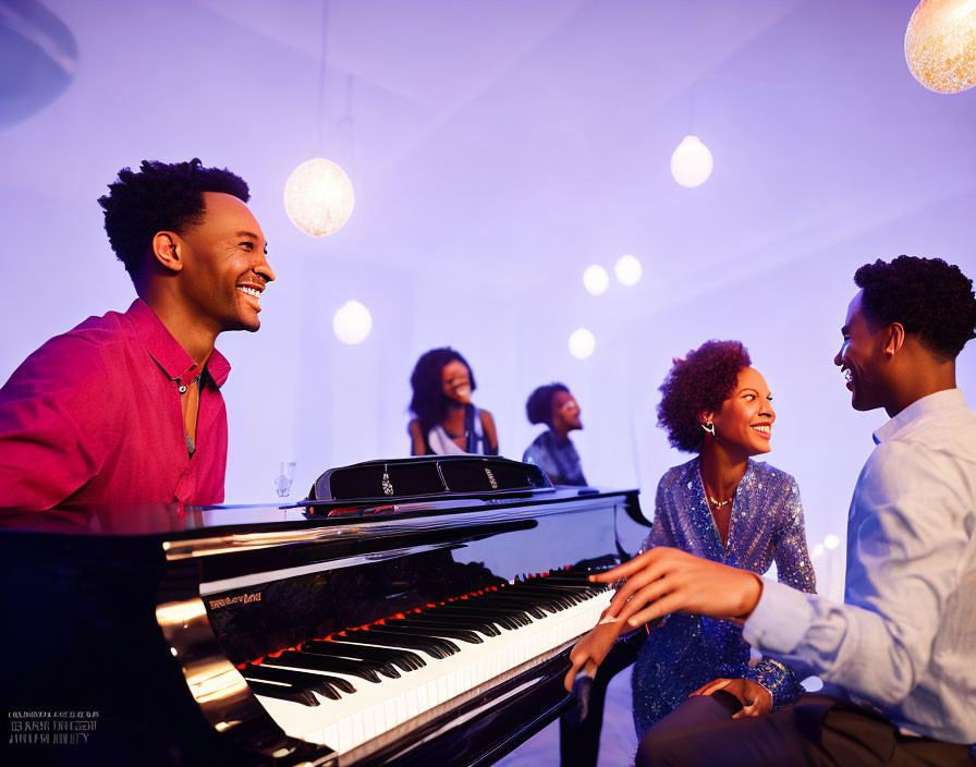 Group of people around piano with man playing and engaging with woman in cozy room