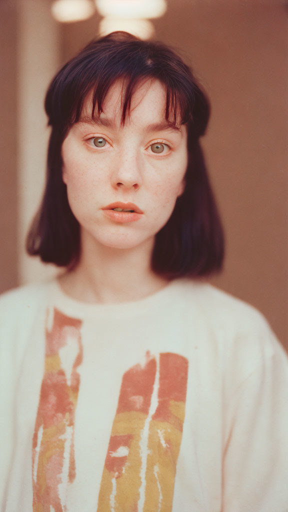 Young woman with short black hair and freckles in white shirt with red and yellow print.