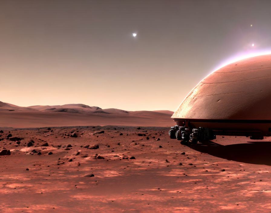 Martian landscape with habitat dome, hills, and Earth crescent under reddish sky