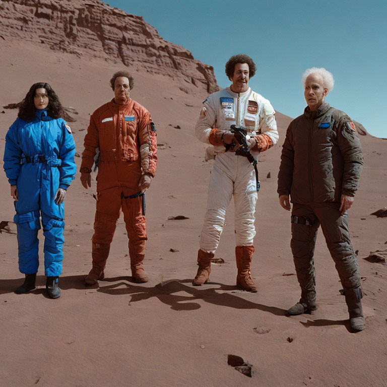 Four Astronauts in Space Suits on Mars-Like Desert Landscape