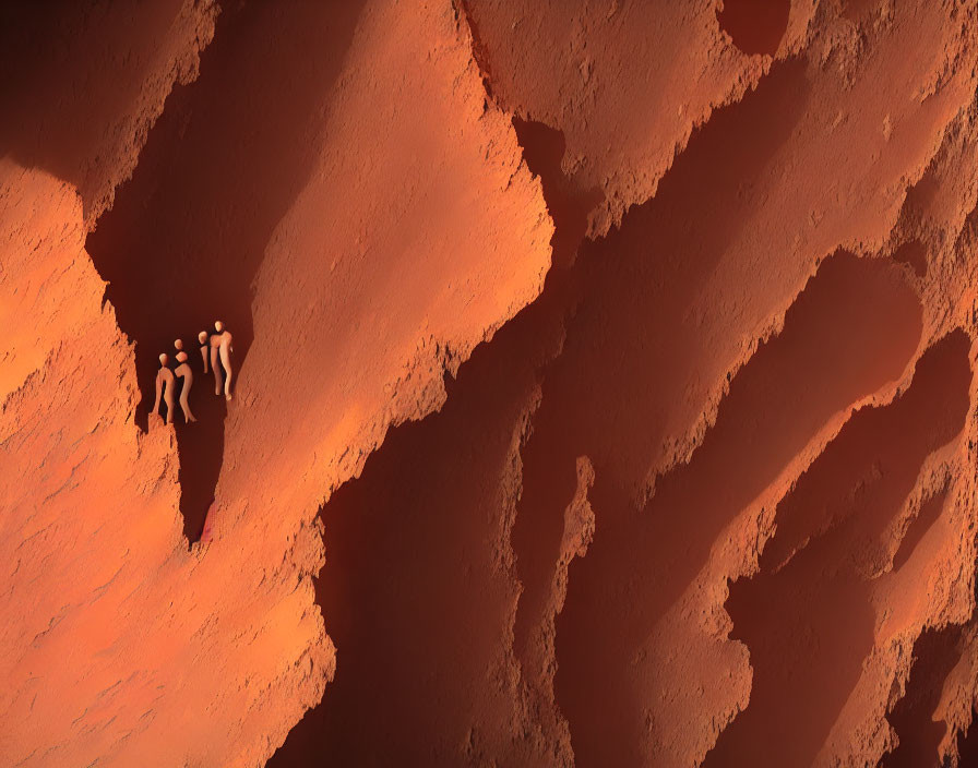 Three individuals on steep red rocky slope resembling Mars terrain