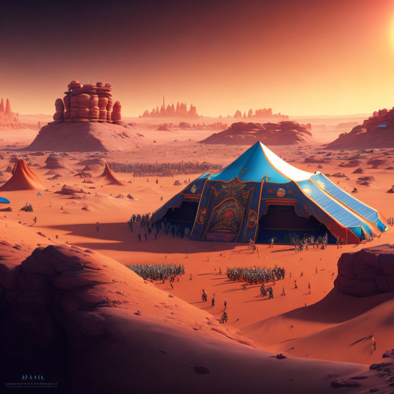 Ornate blue tent in desert landscape with sand dunes, smaller tents, and rock formations