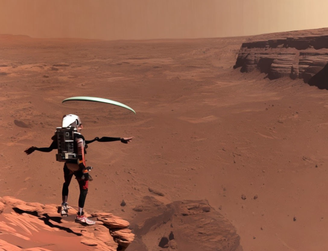 Astronaut on Mars rocky outcrop with red terrain and cliff