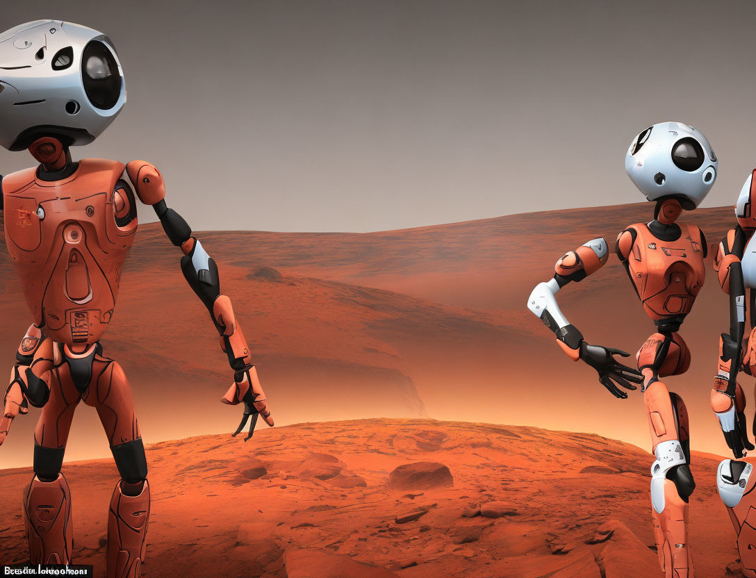 Three humanoid robots on Mars-like terrain with reddish-brown sky and rocky surface.