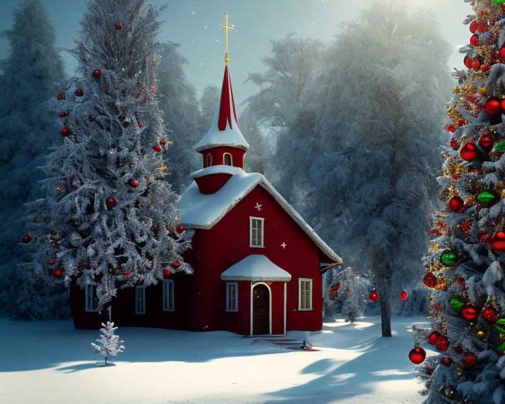 Red church with gold cross in snowy winter scene