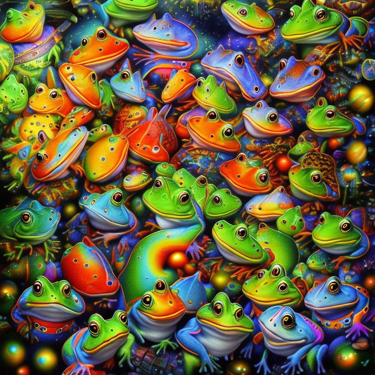 Colorful Psychedelic Frogs on Multicolored Background