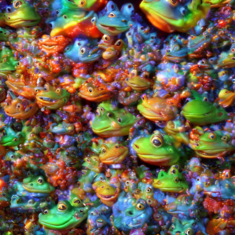 Colorful Cartoonish Frogs Collage with Exaggerated Expressions