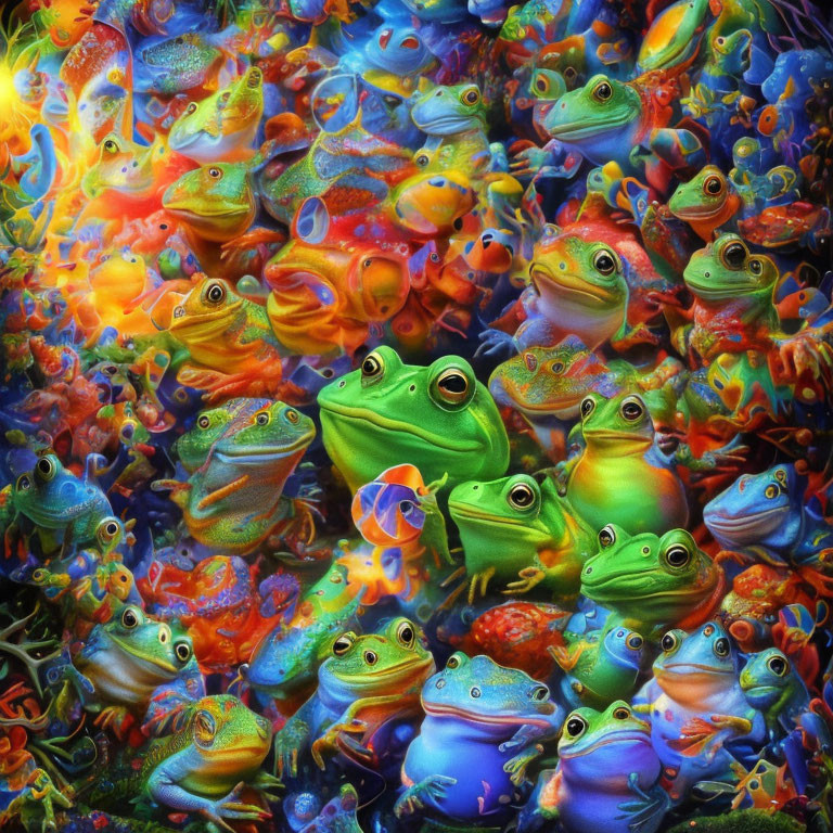 Colorful Frogs Montage on Psychedelic Background