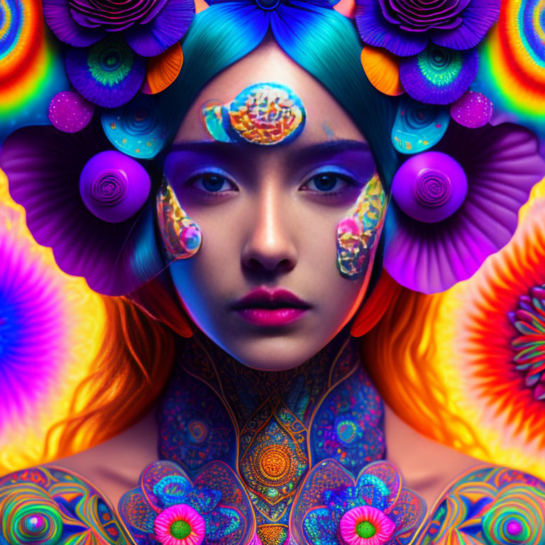 Colorful portrait of a woman with psychedelic floral patterns and mandala designs