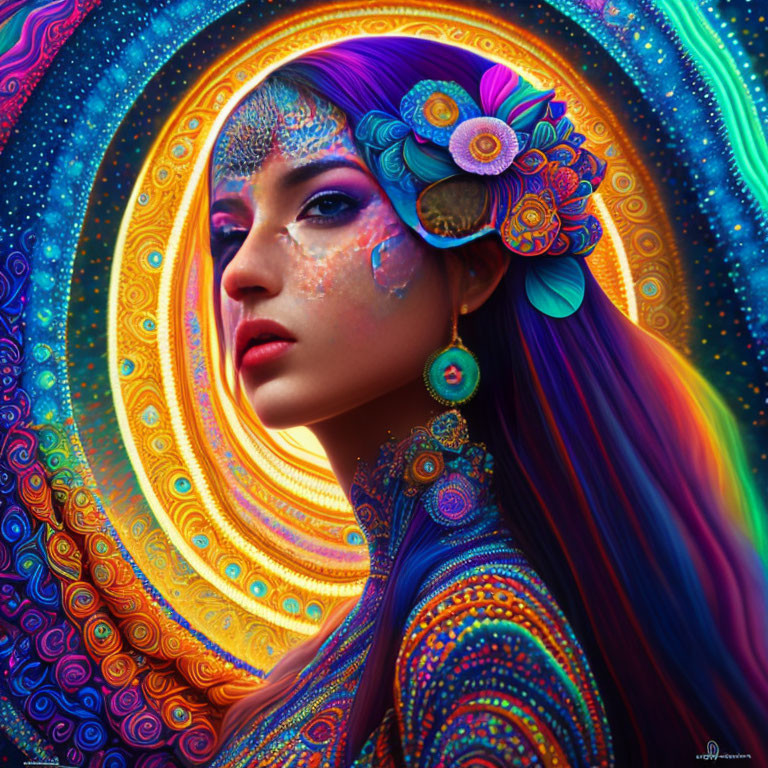 Colorful portrait of woman with multicolored hair and psychedelic patterns