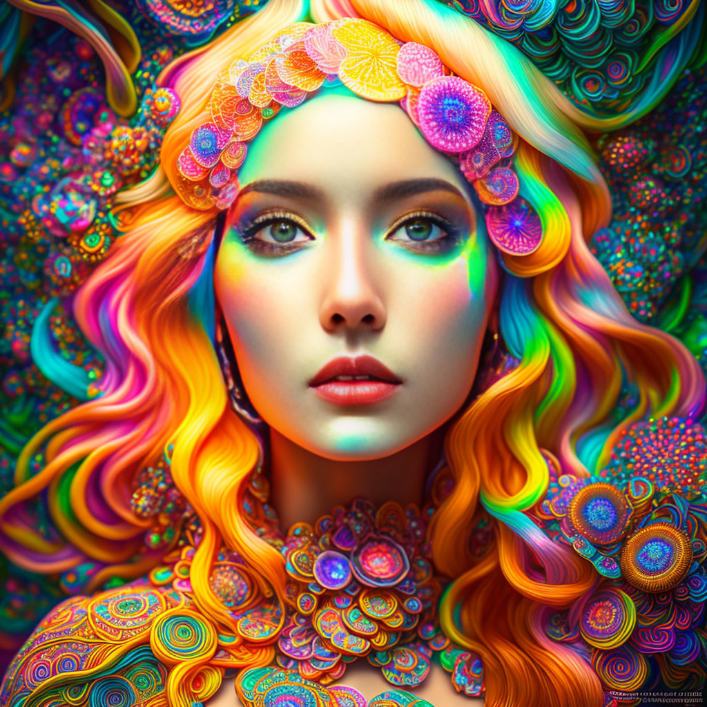 Colorful digital artwork of woman with multicolored hair and psychedelic patterns