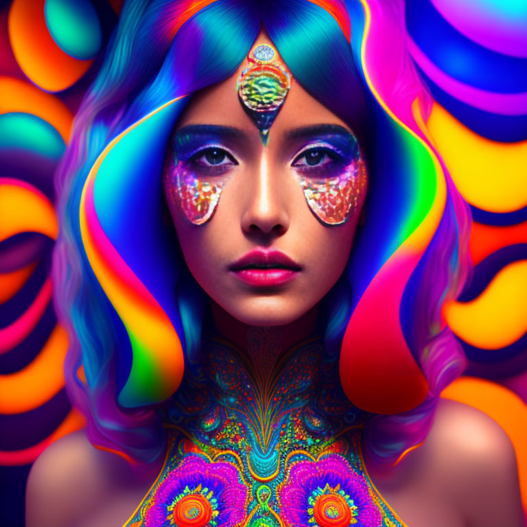 Vibrant portrait of a woman with colorful body art and psychedelic backdrop