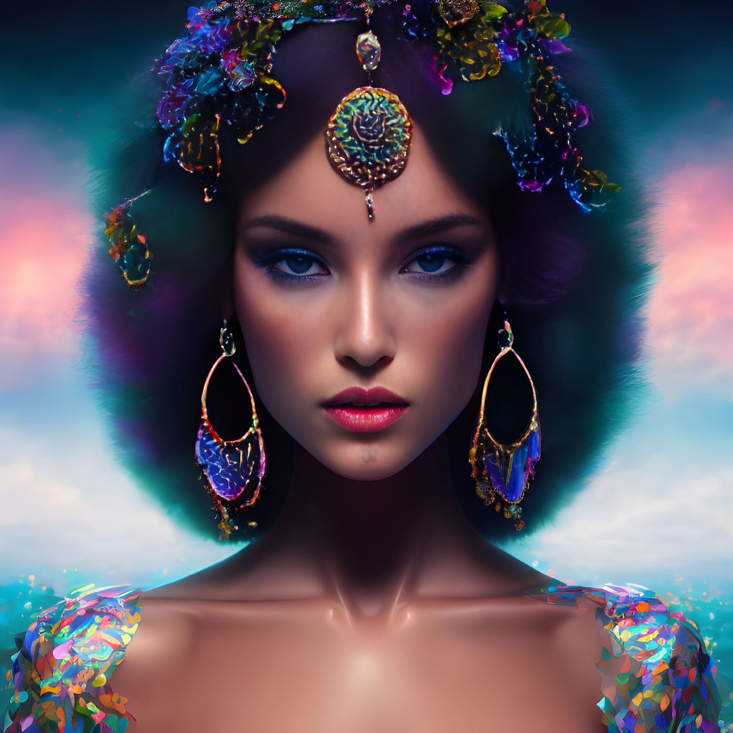 Portrait of woman with blue eyes in gemstone headpiece against twilight backdrop