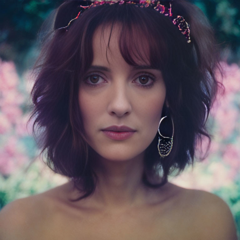 Short-haired woman in pink headband with large leaf earring against floral backdrop