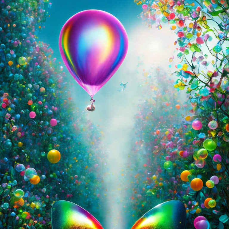 Colorful hot air balloon rises among bubble-like trees and iridescent butterfly wings.