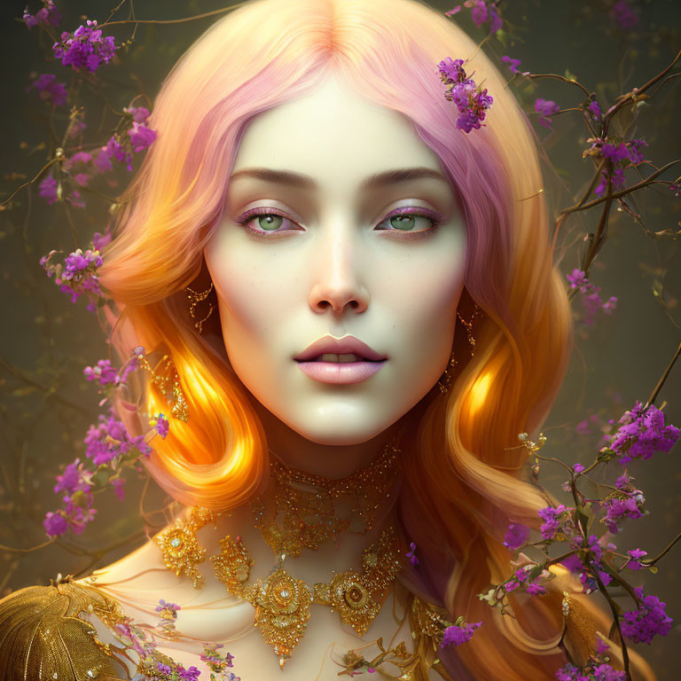 Fantasy Woman Portrait with Peach-Pink Ombre Hair and Green Eyes