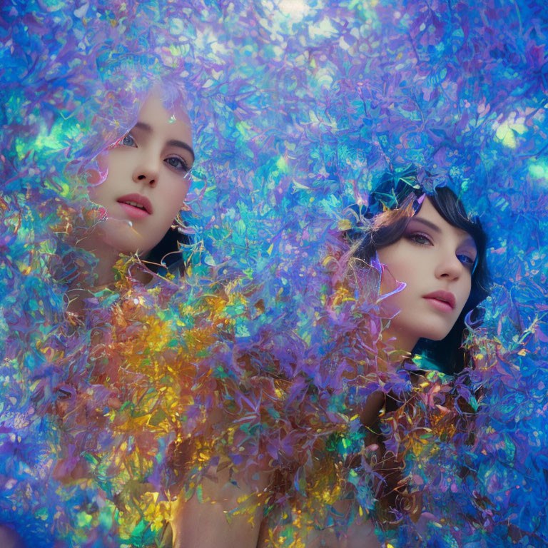 Two women surrounded by colorful leaves under dreamlike light