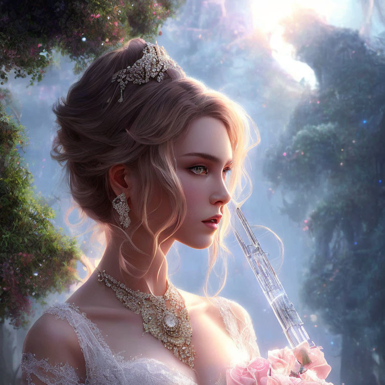 Digital artwork of elegant woman with updo, tiara, jewelry, rose, in enchanted forest.