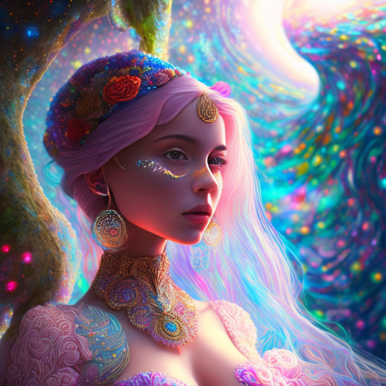 Portrait of woman with pastel pink hair, floral adornments, body art, and galaxy backdrop