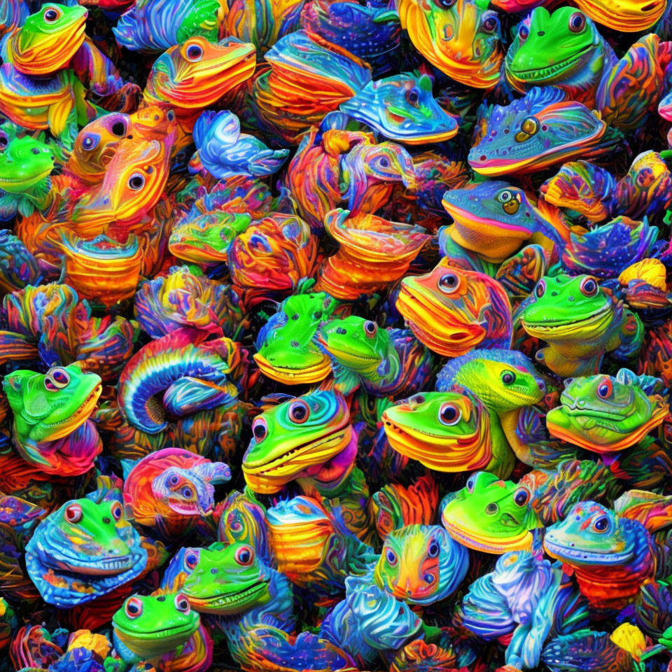 Colorful Array of Overlapping Textured Frogs in Various Patterns