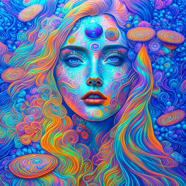 Colorful Psychedelic Portrait of Woman with Abstract Patterns