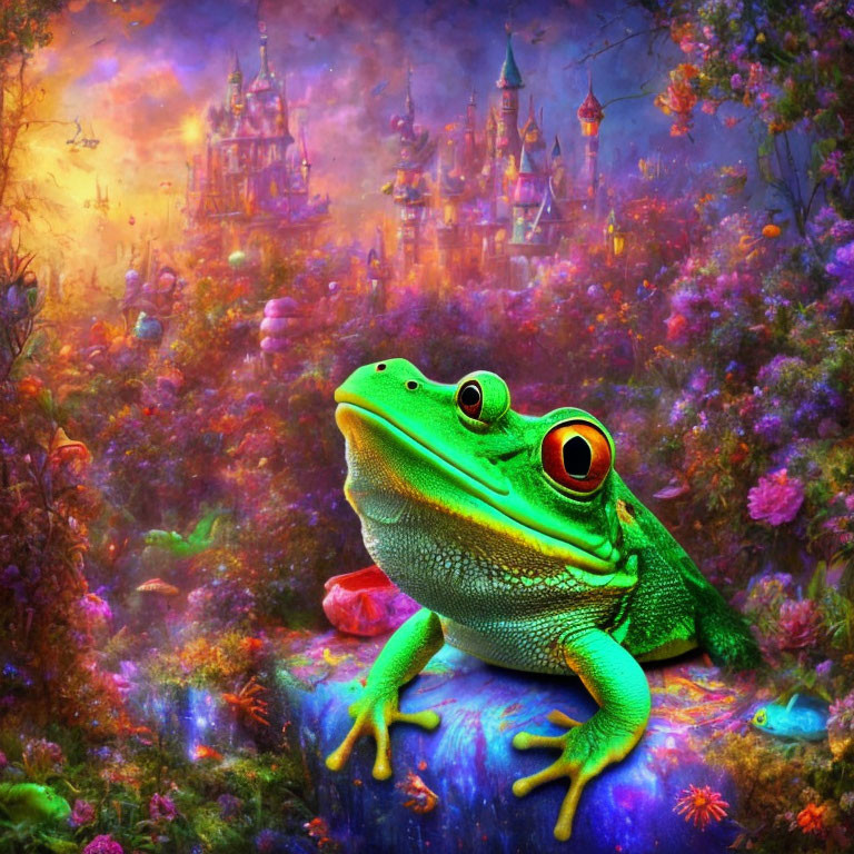 Colorful fantasy forest scene with vibrant green frog and magical castle