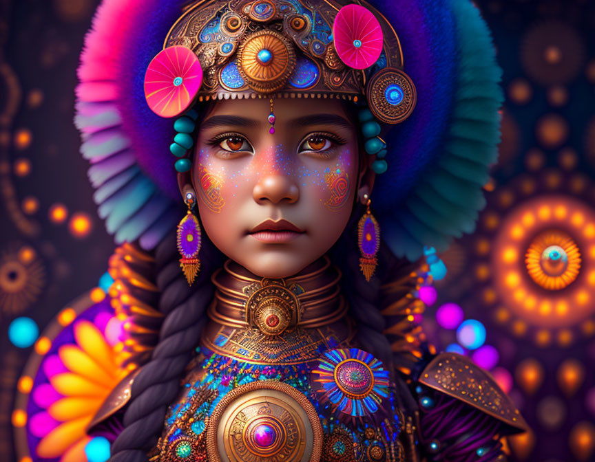 Colorful Tribal Attire and Jewelry on Young Girl in Digital Art