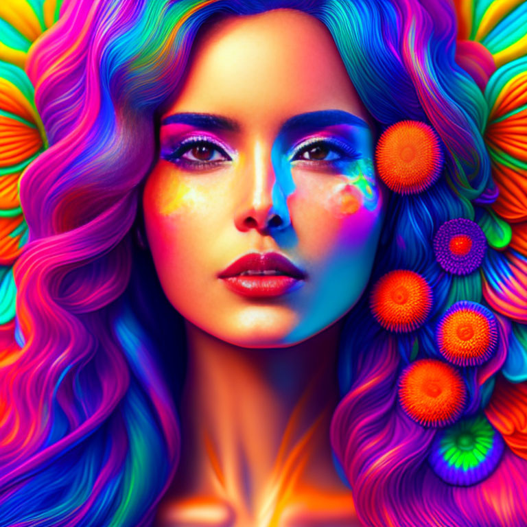 Colorful digital portrait of a woman with multicolored hair and psychedelic floral patterns