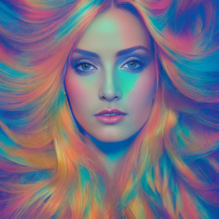 Vibrant multi-colored hair and blue eyes on colorful background