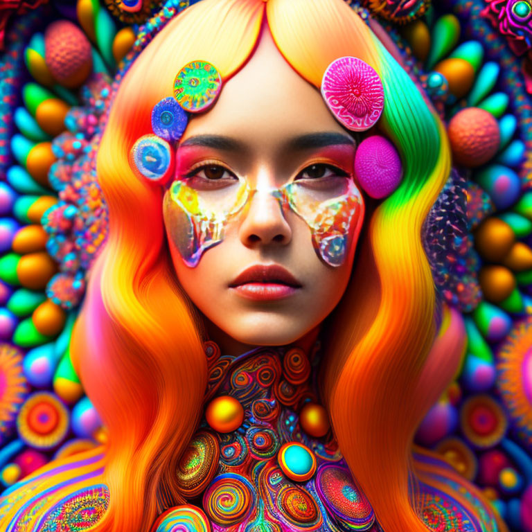 Colorful Person with Rainbow Hair and Psychedelic Skin Patterns