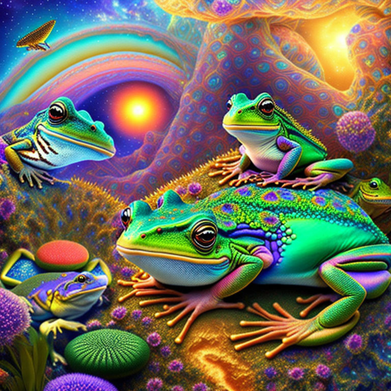 Colorful Frogs Painting on Psychedelic Background with Swirling Skies and Flora