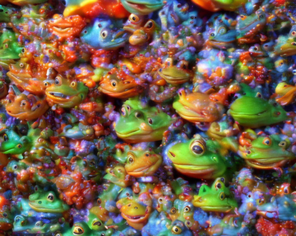 Colorful Cartoonish Frogs Collage with Exaggerated Expressions