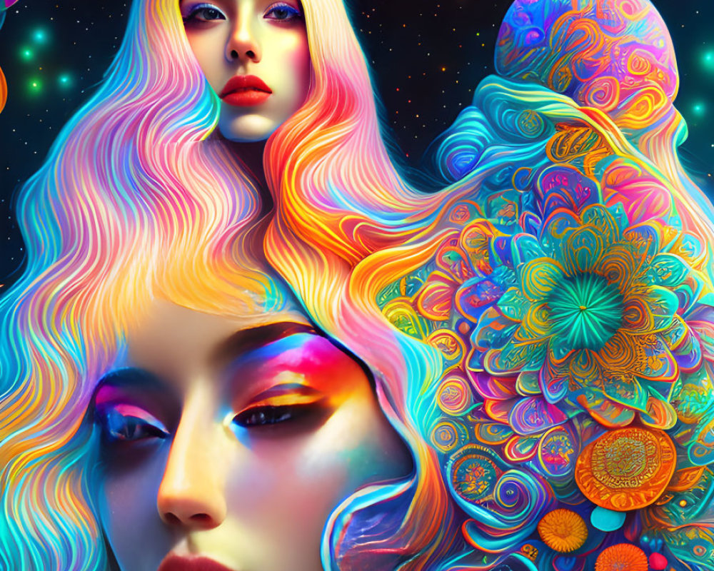 Colorful digital art portrait of two women with flowing hair and iridescent makeup against a cosmic backdrop