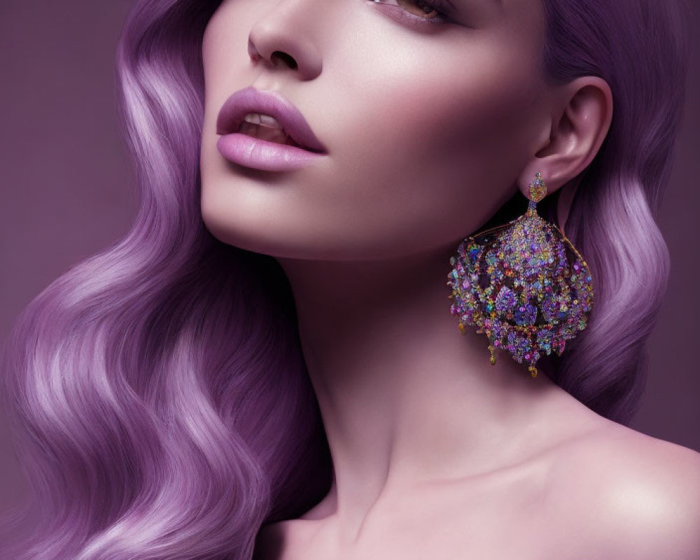 Woman with Lavender Hair and Ornate Earring on Purple Background