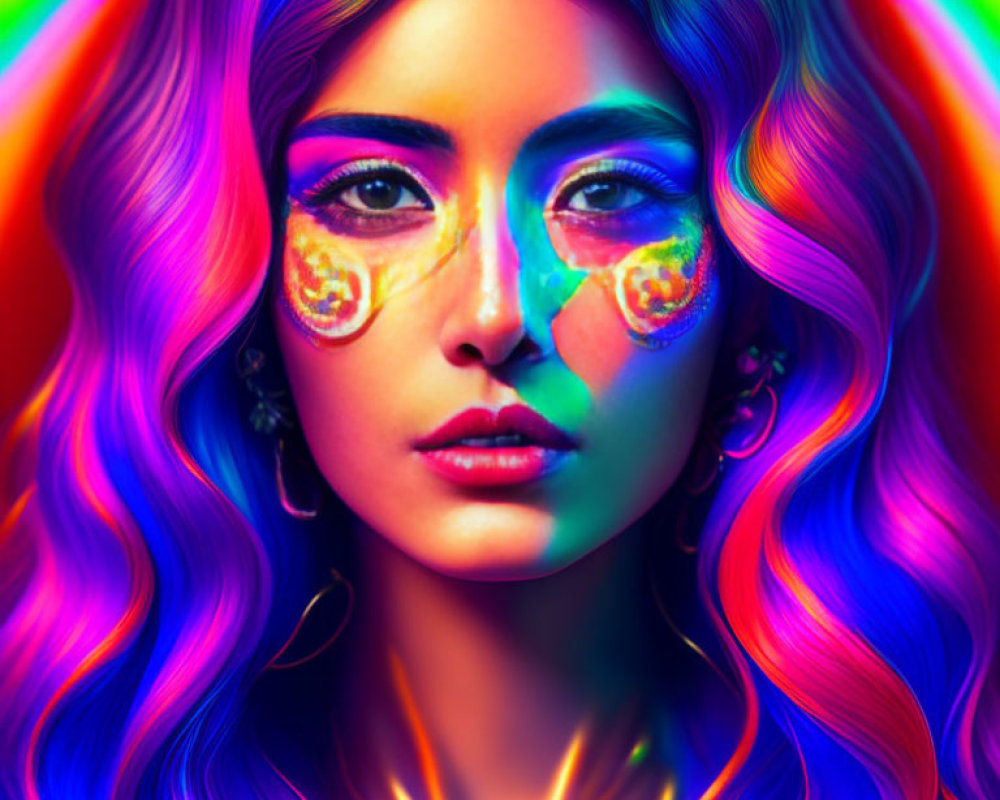 Colorful portrait of woman with face paint and rainbow hair on vibrant background