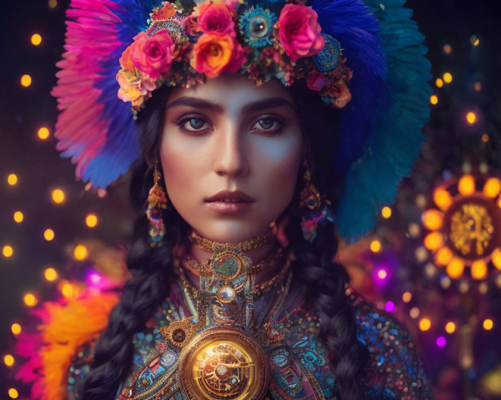 Woman in vibrant feathered headdress and ornate jewelry with floral decorations.