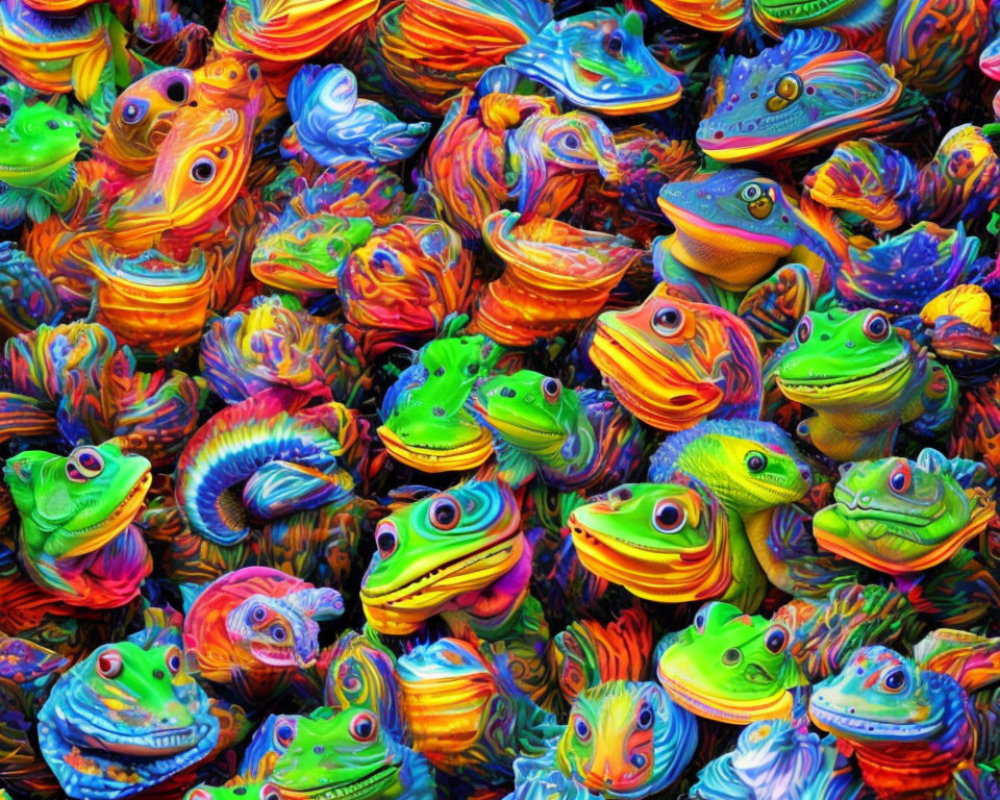 Colorful Array of Overlapping Textured Frogs in Various Patterns