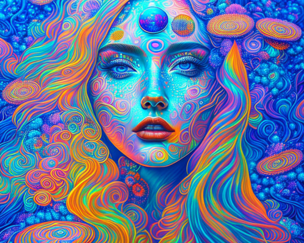 Colorful Psychedelic Portrait of Woman with Abstract Patterns