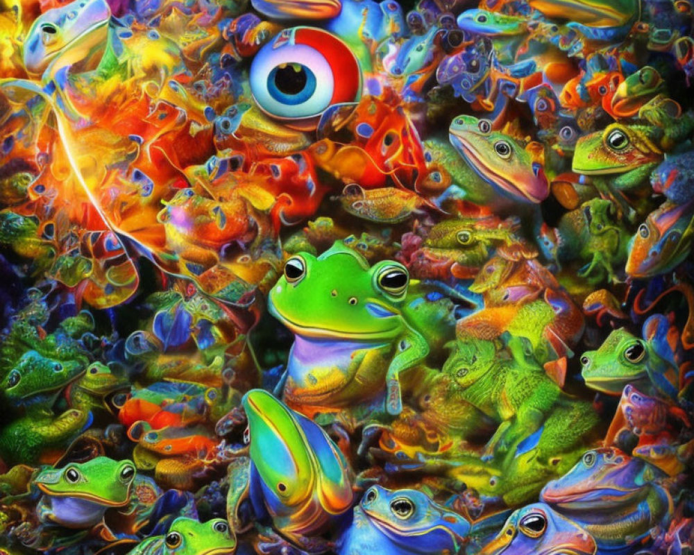 Colorful Frog Collage with Psychedelic Flair