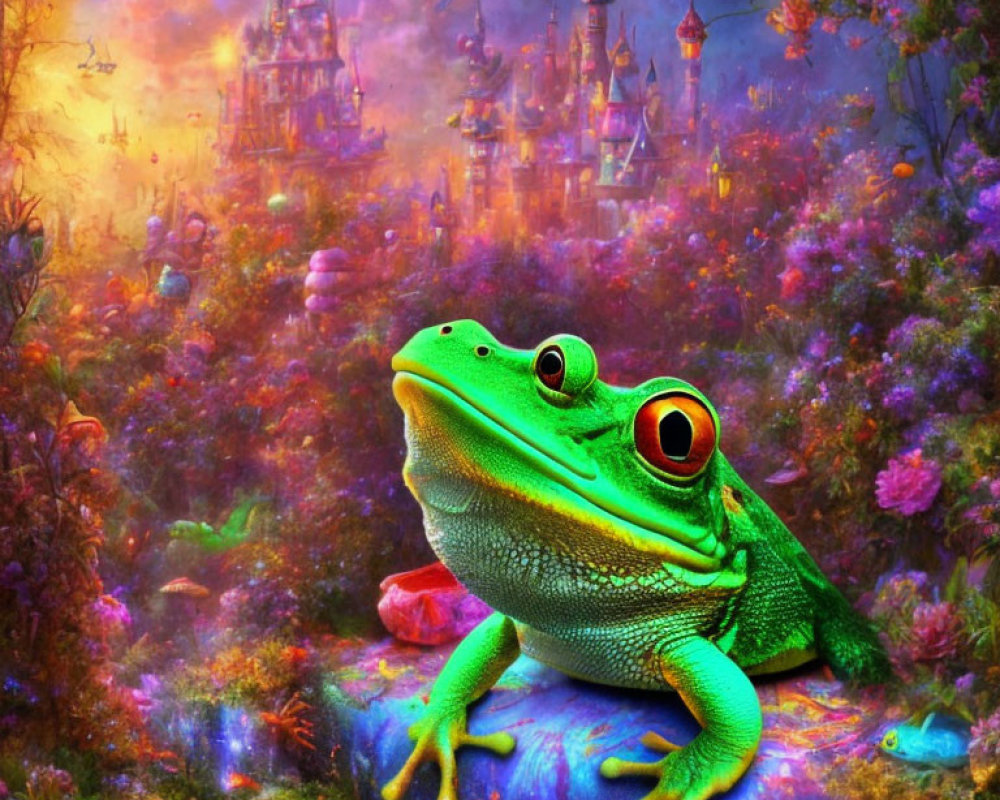 Colorful fantasy forest scene with vibrant green frog and magical castle