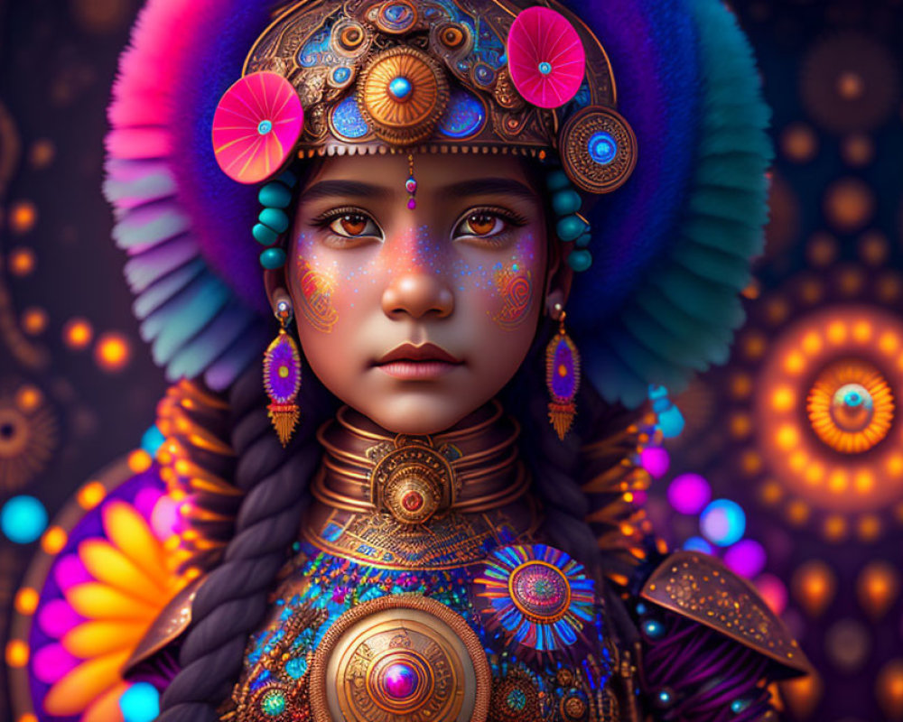 Colorful Tribal Attire and Jewelry on Young Girl in Digital Art